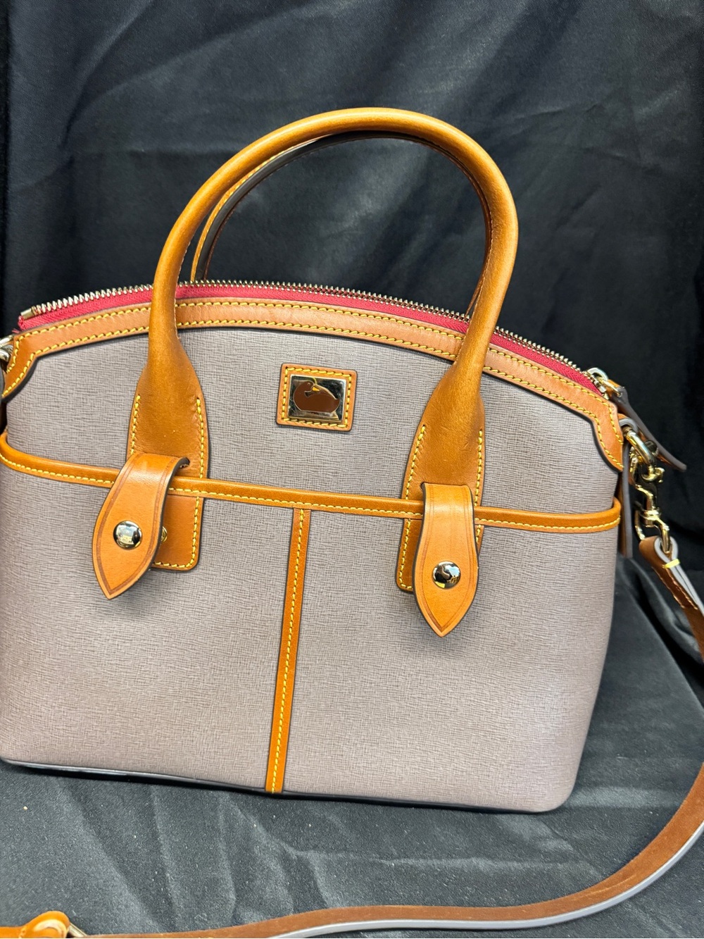 Dooney & Bourke Taupe Satchel with Tan Trim and Red Zipper Accent